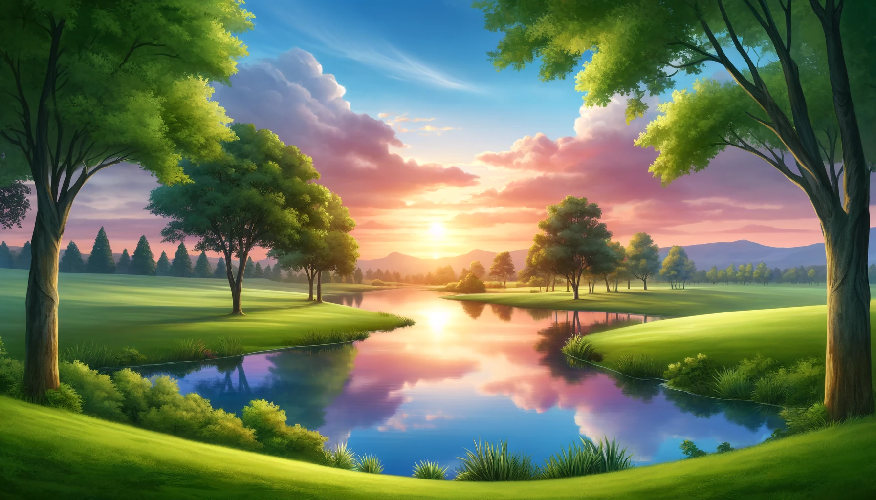 Galtci Serene Landscape Featuring A Peaceful Scene Of A Sunset Over A Calm Lake With R